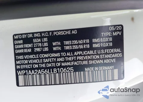 2020 Porsche Macan from USA, damaged, VIN WP1AA2A56LLB10625